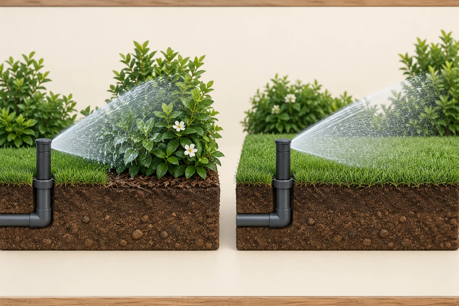 Two separate garden blocks each have a sprinkler head joined to a short visible pipe. In the left example the depicted spray meets foliage; in the right it extends above a more open grass patch.