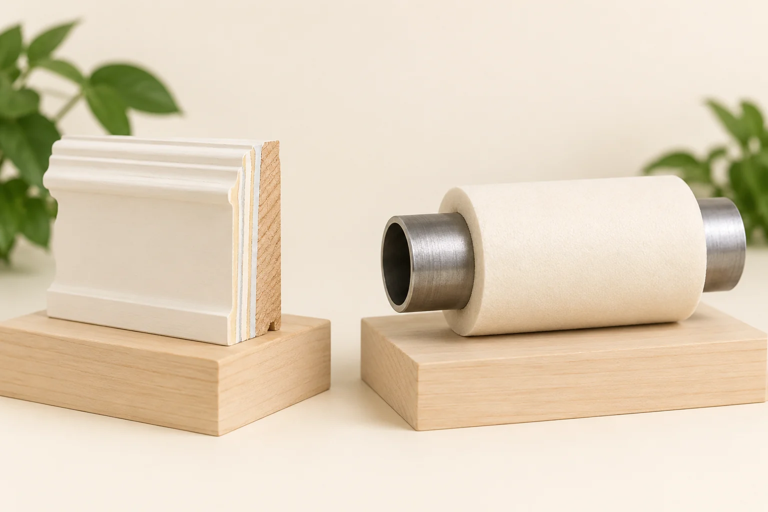 Two separate intact generic samples: cream-painted timber trim with thin coating layers at an illustrative edge and a metal pipe wrapped in a smooth cream jacket.