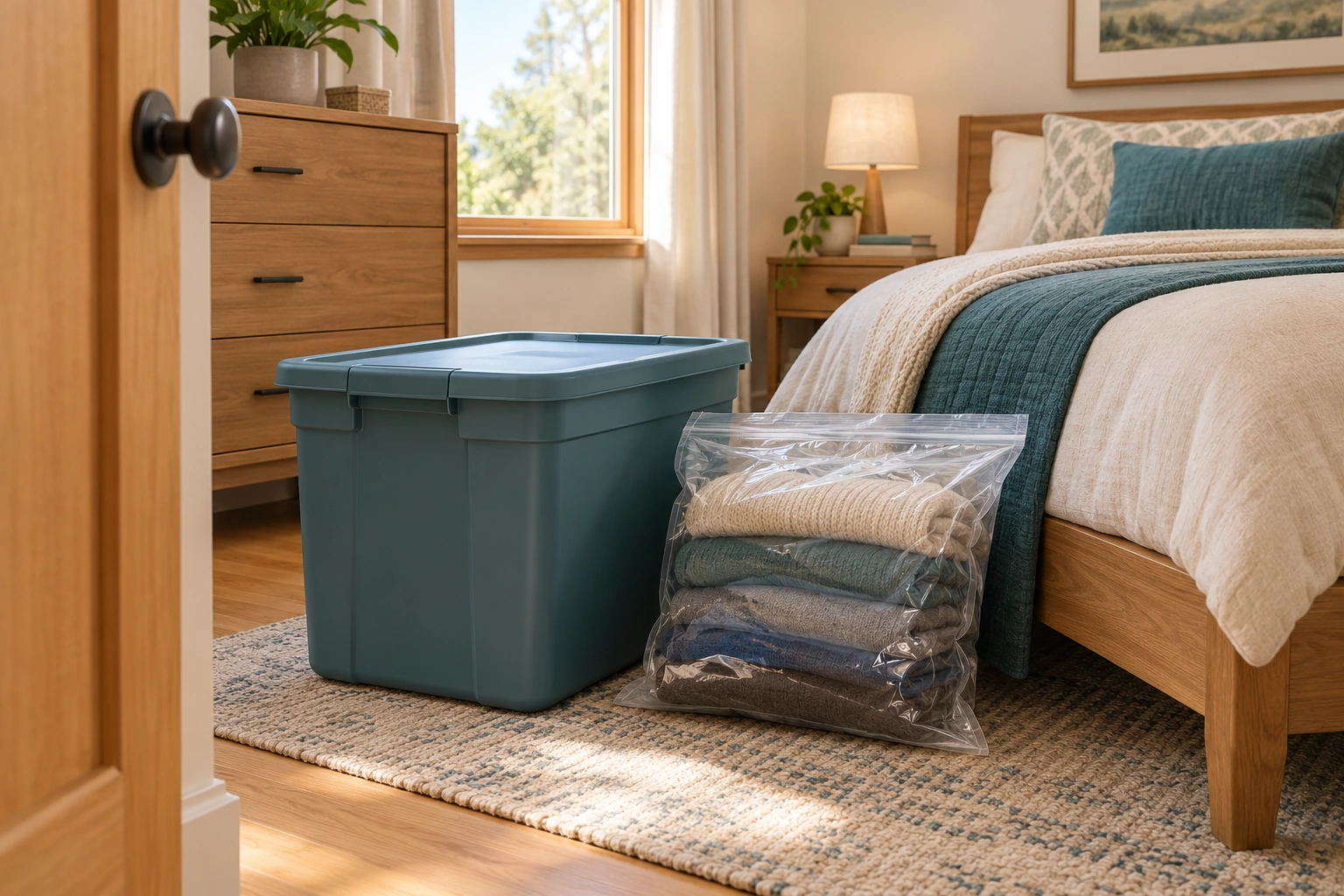 The closed tote and bagged clothing sit beside the bed. They explain why a provider’s handling plan and item status matter when belongings are prepared or moved.