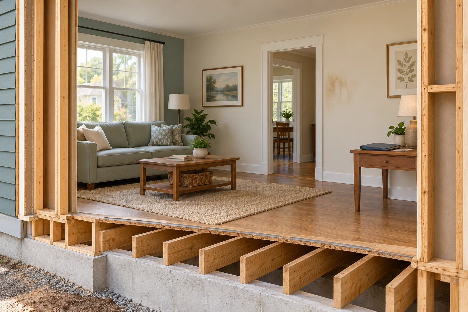 A localized discoloured patch appears on finished wall near an opening, with a closed folder nearby and framing exposed only at separate cut edges.
