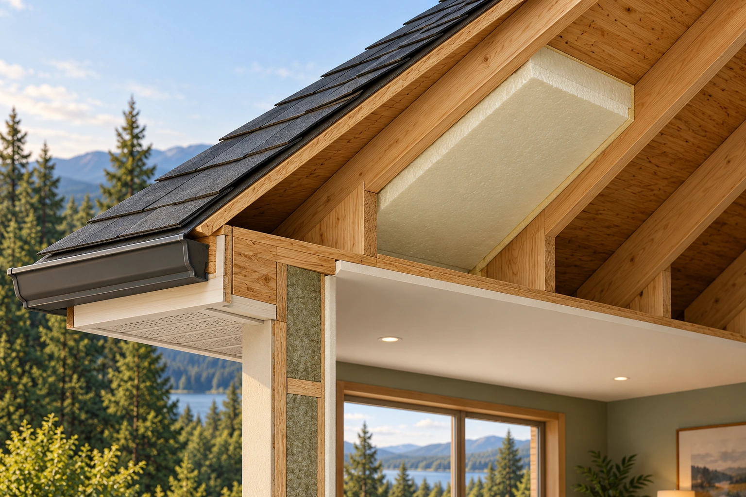 A limited foam patch sits below the roof deck. A pale foam patch appears beneath part of the sloping roof deck between wood members. The cutaway also exposes the roof covering, eave and a separate finished ceiling below.